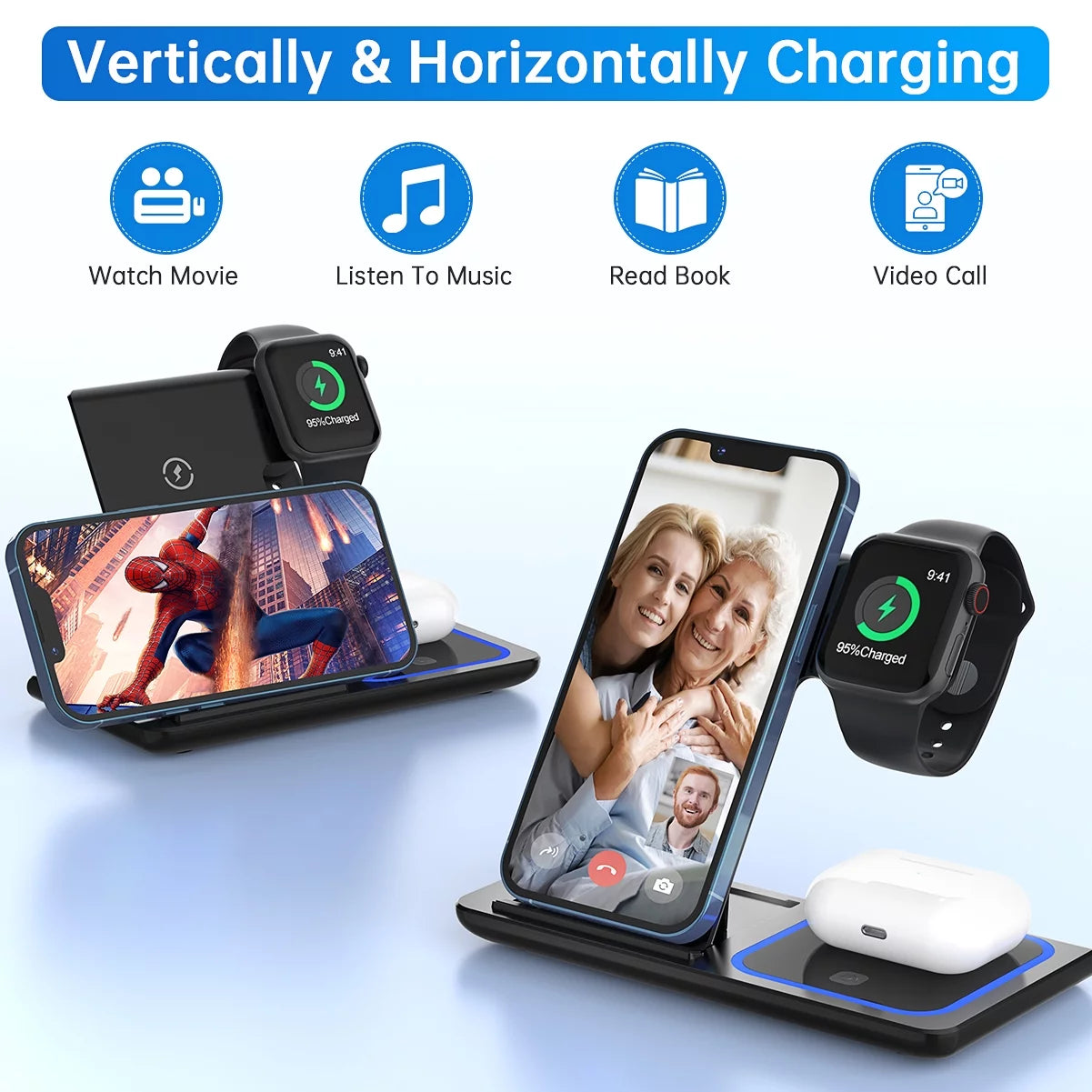 18W Fast Wireless Charging Station for iPhone 16/15/14/13/12/11/Pro Max/Plus, 3-in-1 Stand for Apple Watch Series SE 10/9/8/7/6/5/4/3 and AirPods Pro/3/2 (Includes QC3.0 Adapter)